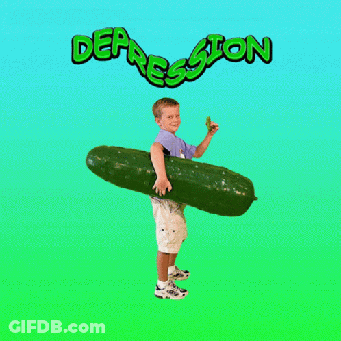 A Boy Is Holding A Large Green Cucumber In Front Of A Purple Background That Says Depression GIF