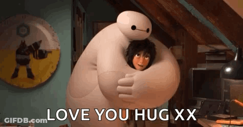 A Boy Is Hugging A Big Hero 6 Character In A Room . GIF