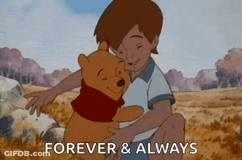 A Boy Is Hugging A Winnie The Pooh Bear In A Field With The Words `` Forever And Always '' . GIF