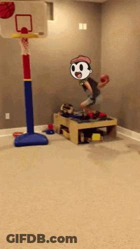 A Boy Is Jumping In The Air With A Basketball In His Hand . GIF