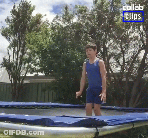 A Boy Is Jumping On A Trampoline With A Collab Clips Logo In The Corner GIF