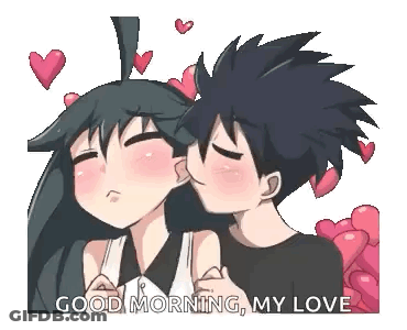 A Boy Is Kissing A Girl On The Cheek With Hearts Flying Around Them . GIF