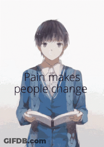 A Boy Is Reading A Book With The Words Pain Makes People Change Written Below Him GIF