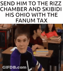 A Boy Is Sitting At A Desk In A Classroom With A Text That Says Send Him GIF