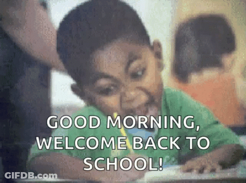 A Boy Is Sitting At A Desk With A Pencil In His Mouth And The Words `` Good Morning , Welcome Back To School '' GIF