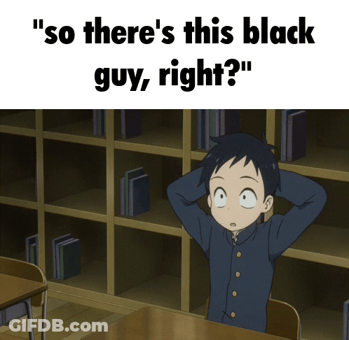 A Boy Is Sitting At A Desk With His Hands On His Head And The Words " So There 'S This Black Guy Right " Below Him GIF