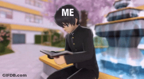 A Boy Is Sitting On A Bench Reading A Book With The Words `` Me '' On His Head . GIF