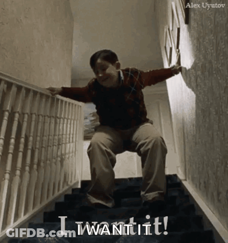 Boy Sitting On Stairs Saying I Want It GIF