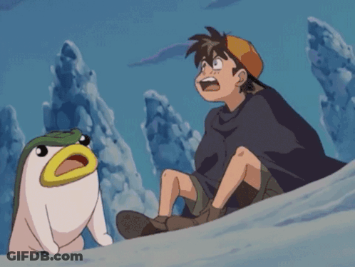 Boy Sitting On Snowy Hill Next To Frog GIF