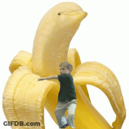 A Boy Is Standing In A Banana With A Dolphin Head On It GIF