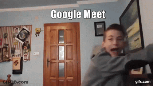 A Boy Is Standing In Front Of A Door With The Words Google Meet On It GIF