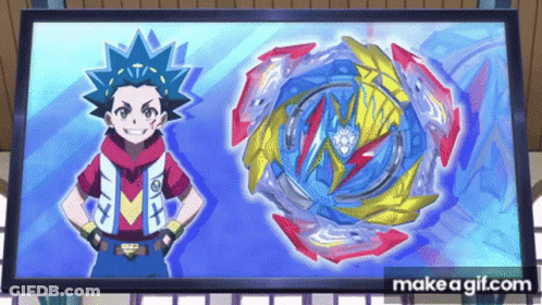 A Boy Is Standing Next To A Blue Spinning Top In Front Of A Large Screen . GIF