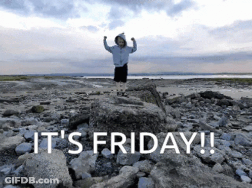 A Boy Is Standing On A Rock With The Words It 'S Friday GIF