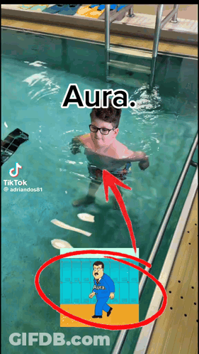 A Boy Is Swimming In A Pool And The Word Aura Is On The Bottom GIF