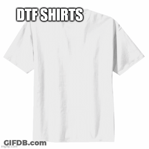 A Boy Is Wearing A Grey T-Shirt With The Words Dtf Shirts Written On It GIF