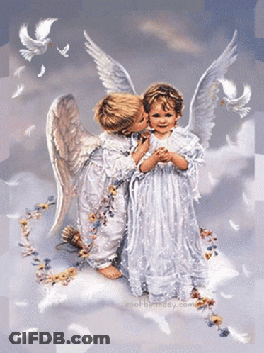 A Boy Kisses A Girl On The Forehead In A Painting From Cool-Birthday.com GIF