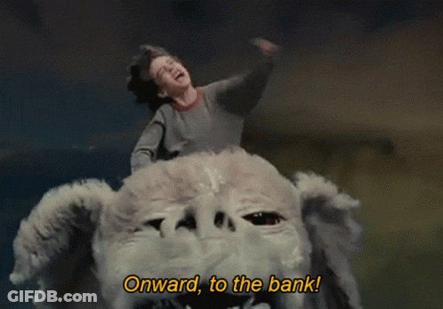 A Boy Riding On The Back Of A Stuffed Animal With The Words Onward To The Bank Below Him GIF