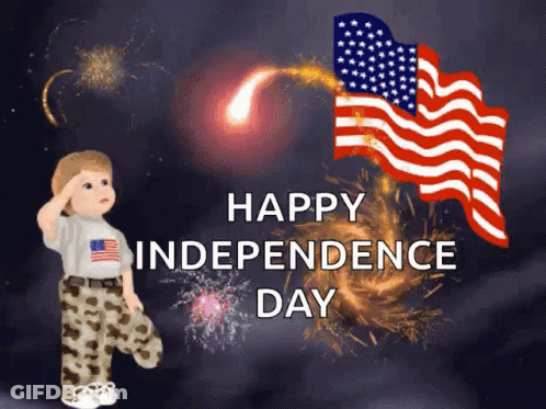 A Boy Salutes In Front Of An American Flag With The Words Happy Independence Day Below Him GIF