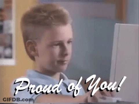 A Boy Sitting In Front Of A Computer With The Words " Proud Of You " Written On The Bottom GIF