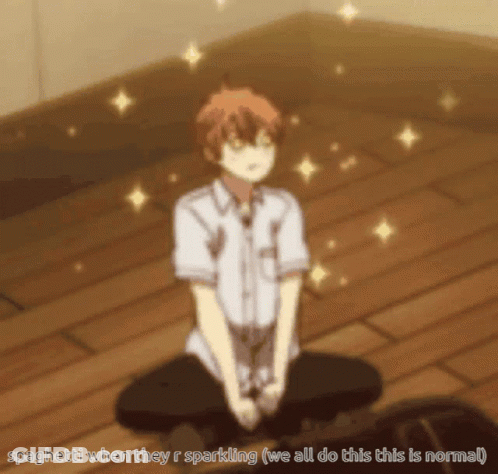 A Boy Sitting On The Floor With The Words Spaghetti When They R Sparkling GIF