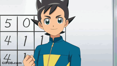 A Boy Stands In Front Of A Board With The Numbers 5 0 4 1 4 GIF