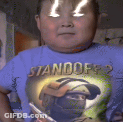 A Boy Wearing A Blue Shirt That Says " Standoff 2 " GIF