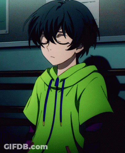 A Boy Wearing A Green Hoodie With Blue Strings Is Sitting With His Eyes Closed GIF