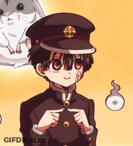 Boy With Sun Hat Standing Next To Hamster And Ghost GIF