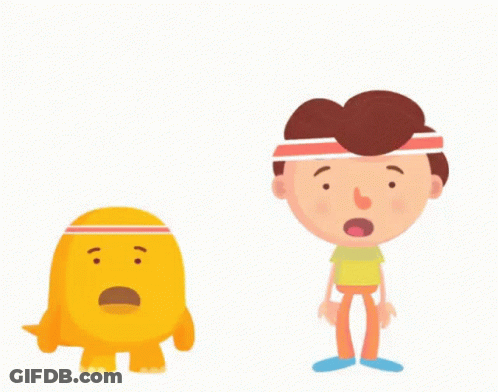 A Boy Wearing A Headband Is Standing Next To A Yellow Monster With A Surprised Face . GIF