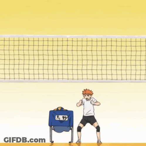 A Boy Wearing A Karasum High School T-Shirt Is Standing In Front Of A Volleyball Net GIF