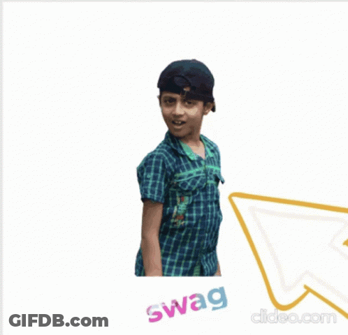 A Boy Wearing A Plaid Shirt And A Baseball Cap Is Standing In Front Of A White Background With The Word Swag On It GIF