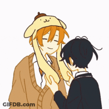 A Boy Wearing A Pompompurin Hat Is Being Touched By Another Boy GIF