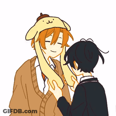 A Boy Wearing A Pompompurin Hat Is Being Touched By Another Boy GIF
