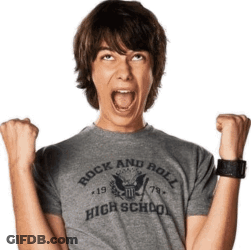 A Boy Wearing A Rock And Roll High School T-Shirt With His Fist In The Air GIF