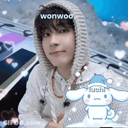 A Boy Wearing A White Sweater With A Hood And The Name Wonwoo GIF