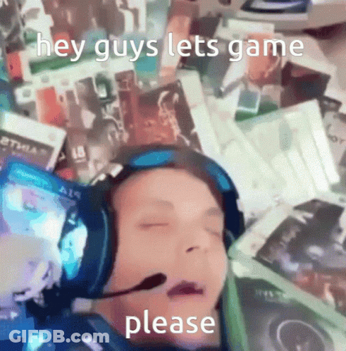 A Boy Wearing Headphones And A Microphone Is Laying On A Pile Of Video Games With The Words Hey Guys Lets Game Please Be GIF