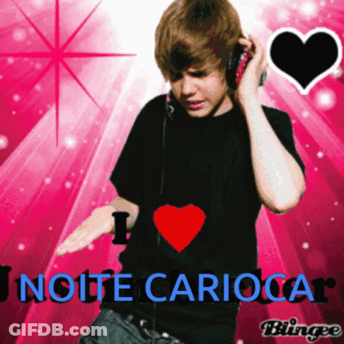 A Boy Wearing Headphones With The Words I Love Noite Carioca On The Bottom GIF