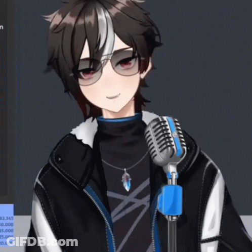 A Boy Wearing Sunglasses And A Black Jacket Is Standing In Front Of A Microphone GIF
