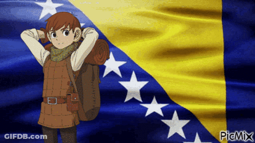 A Boy With A Backpack Stands In Front Of A Flag That Says Picmix On It GIF