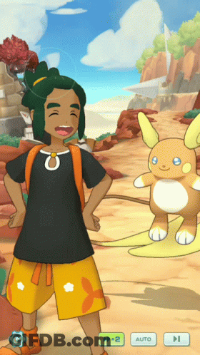 Boy With Backpack Next To Cartoon Character And Auto Button GIF