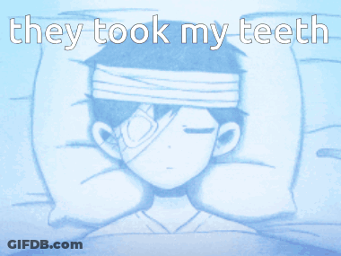 A Boy With A Bandage On His Head Is Laying In Bed With The Words They Took My Teeth Above Him GIF