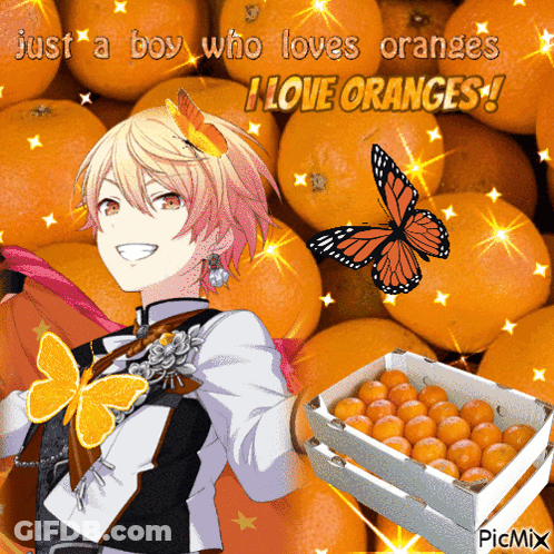 A Boy With A Butterfly On His Head Is Standing In Front Of A Pile Of Oranges GIF