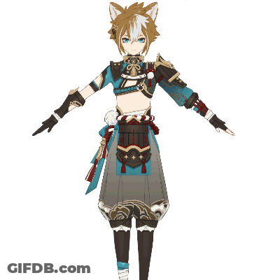 A Boy With A Cat Ear Is Wearing A Crop Top And A Gray Skirt GIF
