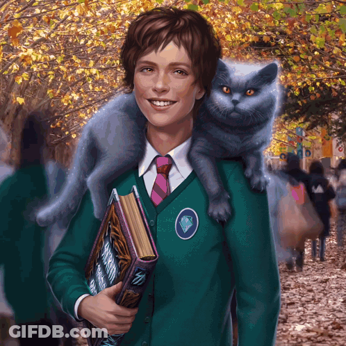 A Boy With A Cat On His Shoulders Holding A Book With A Diamond On It GIF