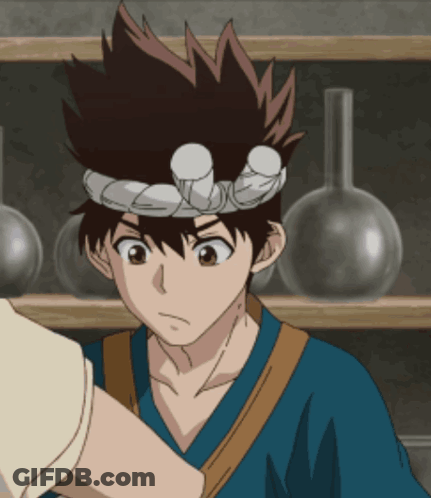 A Boy With A Headband On His Head Is Standing In Front Of A Shelf Full Of Vases GIF