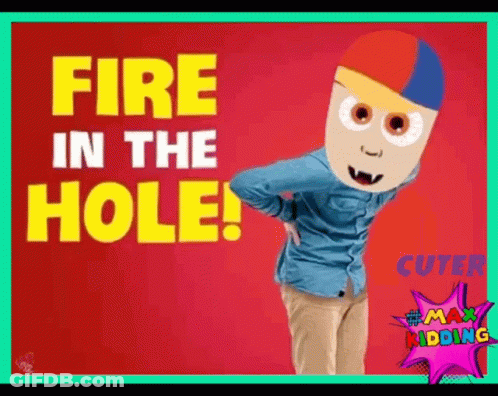 A Boy With A Mask On His Face Is Standing In Front Of A Red Background With The Words Fire In The Hole . GIF