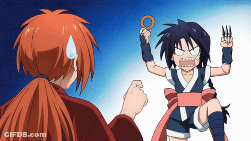 A Boy With A Ponytail Is Standing Next To A Girl Who Is Holding A Pair Of Scissors In Her Hand GIF