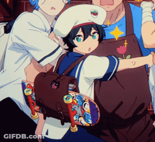 A Boy With A Skateboard On His Back Is Being Hugged By A Man In An Apron GIF
