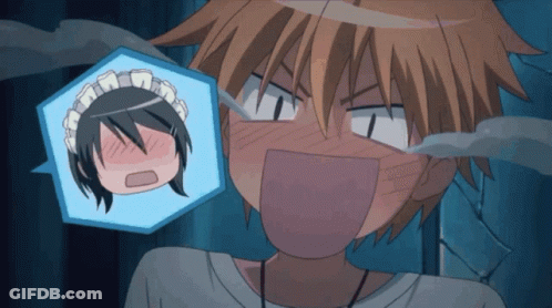 A Boy With A Surprised Look On His Face Looks At A Maid 'S Head GIF