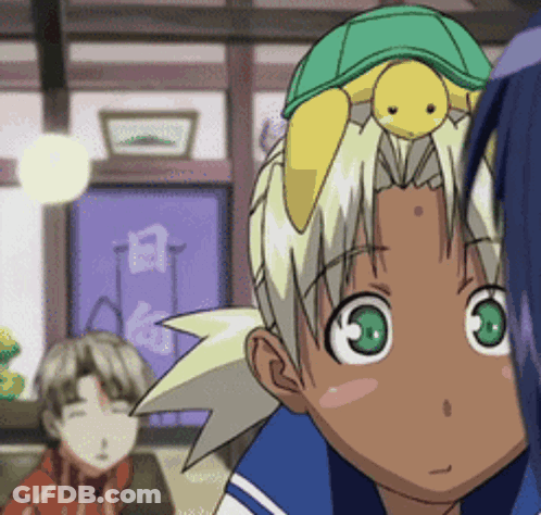 A Boy With A Turtle On His Head Looks At Another Boy GIF